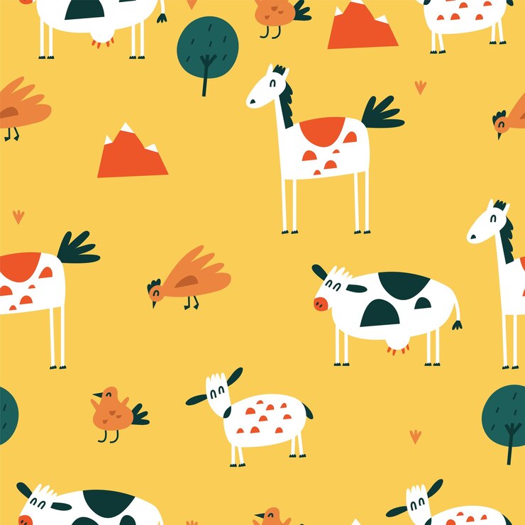 Conjunto de ilustraciones planas vectoriales de animales de pie caballo vaca pollo y pájaro con ovejas Personajes divertidos para niños Patrones sin fisuras de estilo de dibujos animados