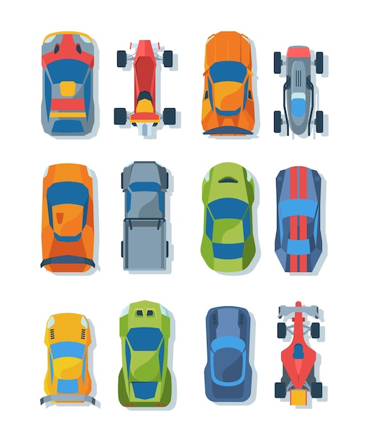 Conjunto de ilustraciones planas de vista superior de coches de carrera. Automóviles de carreras brillantes. Transporte deportivo moderno.