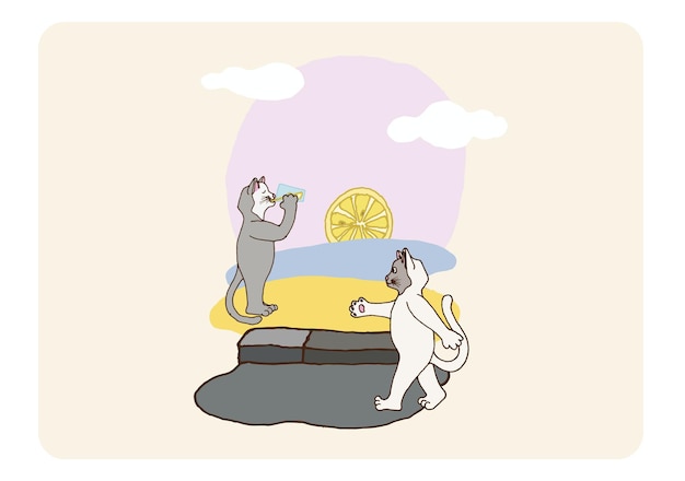 Un conjunto de ilustraciones de una playa con limonada y gatos Gatito hielo limón limonada horario de verano
