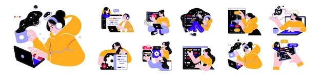 Vector conjunto de ilustraciones de programación diferentes personajes que trabajan en el desarrollo web y de aplicaciones