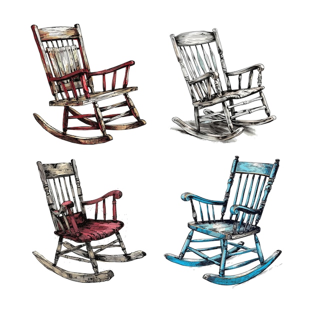 Conjunto de ilustraciones de raster de grabado en color de silla de balanceo aislada sobre fondo blanco