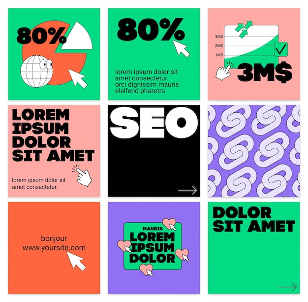 El conjunto de ilustraciones de las redes sociales modernas es minimalista, digital, verde, púrpura y naranja.