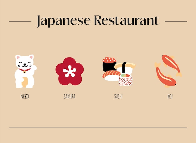 Conjunto de ilustraciones de un restaurante japonés