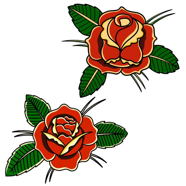 Conjunto de ilustraciones de rosas en el estilo de tatuaje de la vieja escuela Elemento de diseño para el cartel del emblema del signo de la etiqueta del logotipo Ilustración vectorial