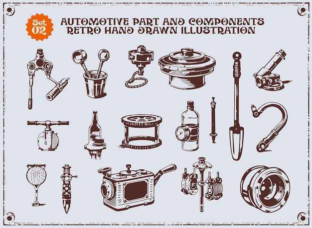conjunto de ilustraciones de servicio de automóviles Vector de taller de reparación de automóviles Conjunto de diseño de piezas de repuesto de camiones