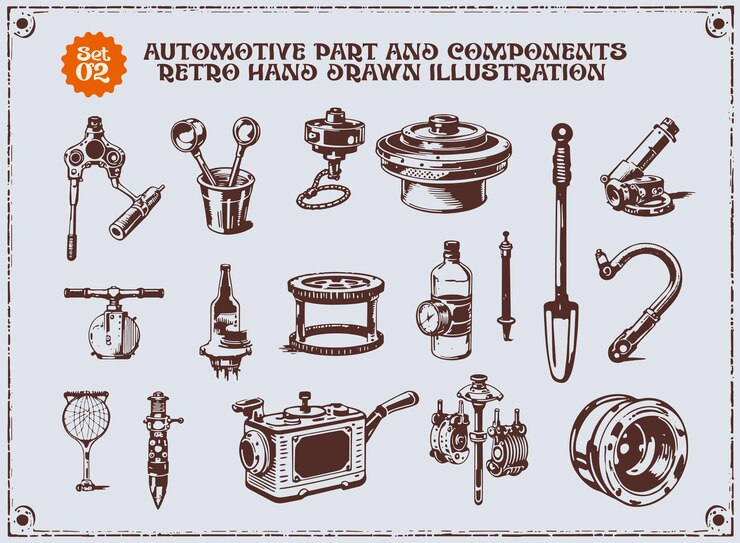 Vector conjunto de ilustraciones de servicio de automóviles vector de taller de reparación de automóviles conjunto de diseño de piezas de repuesto de camiones