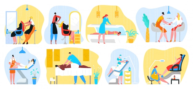 Conjunto de ilustraciones de servicios de mujer de salón de belleza. Peluquería, masajes, estilista haciendo manicura de uñas a clientas. Esteticista trabaja con hermosos modelos de maquillaje. Barbería y depilación.