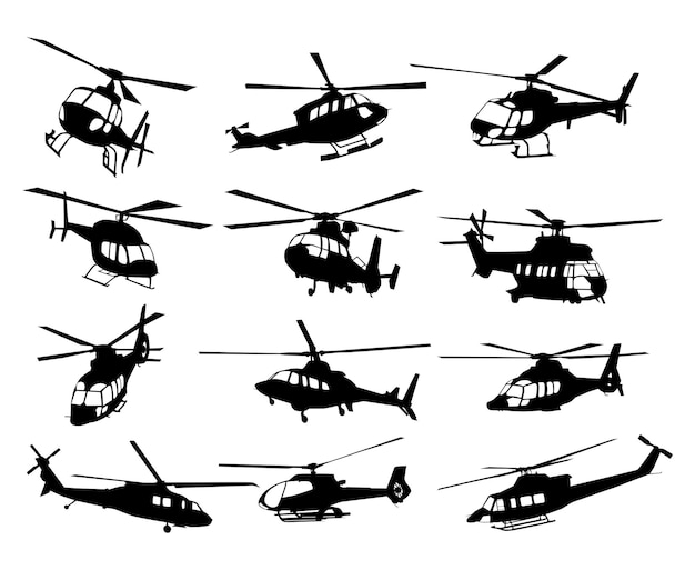 Conjunto de ilustraciones de silueta de helicóptero vectorial