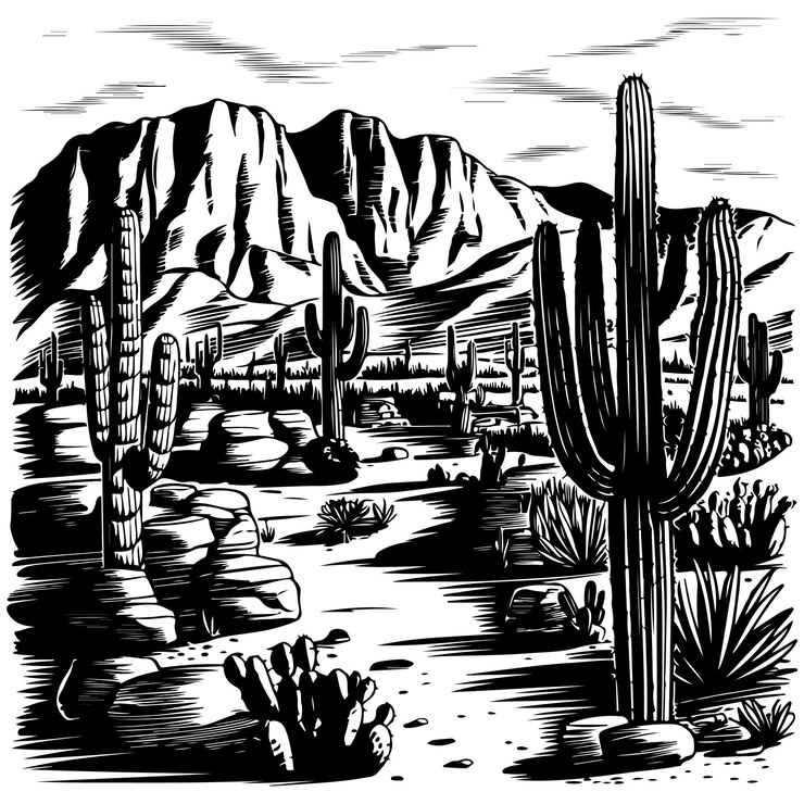 Conjunto de ilustraciones de siluetas de plantas de cactus negras y blancas