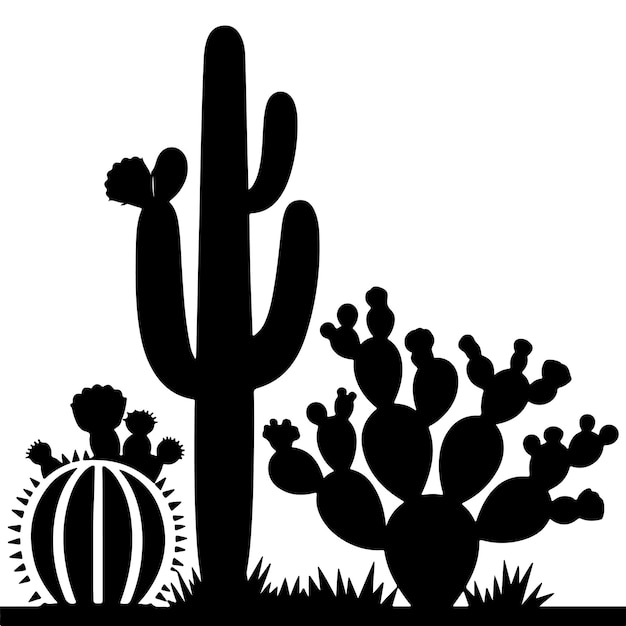 Conjunto de ilustraciones de siluetas de plantas de cactus negras y blancas