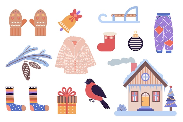 Un conjunto de ilustraciones simples de invierno.