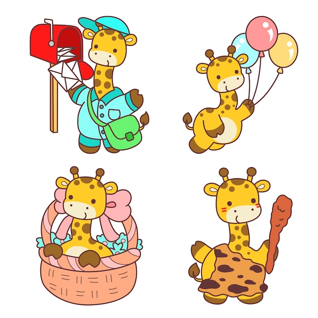 Conjunto de ilustraciones de stock vectorial aisladas de bebé jirafa animales de jirafa lindos con varias actividades