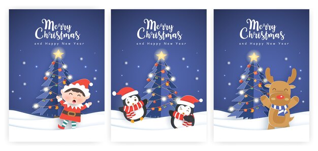 Conjunto de ilustraciones y tarjetas de felicitación de año nuevo con un elfo, pingüinos y renos.