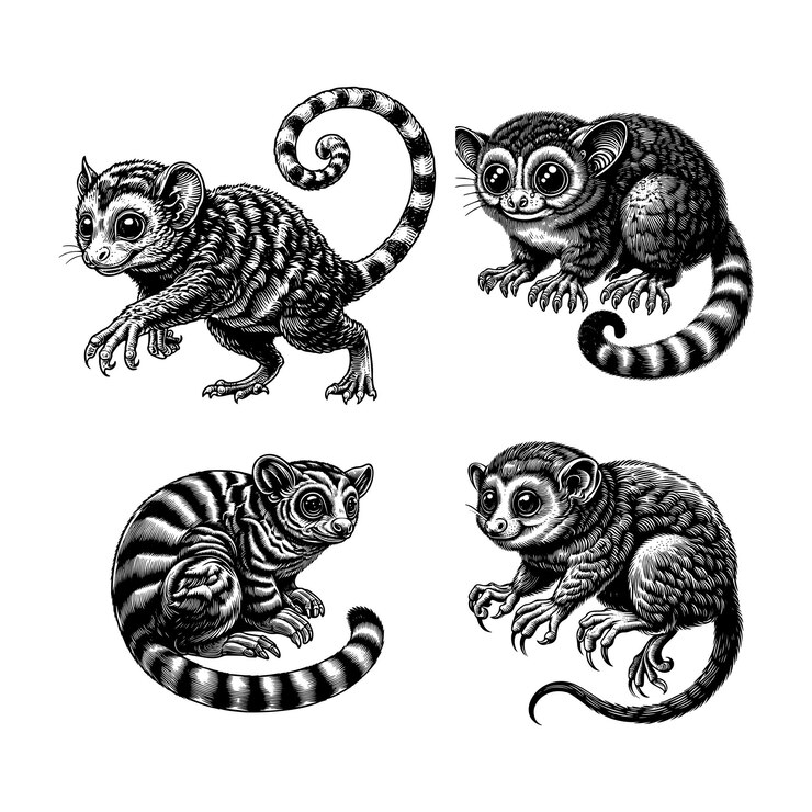 Vector conjunto de ilustraciones de tarsius dibujadas a mano grabado en blanco y negro de pájaros arte vectorial aislado