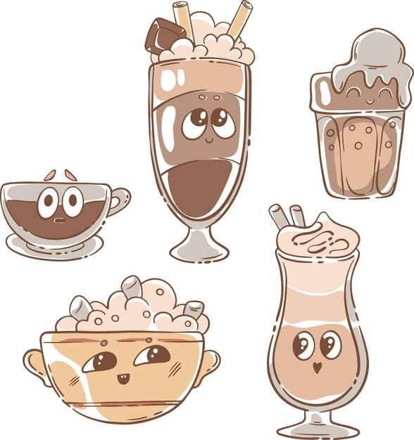 conjunto de ilustraciones taza vectorial de vaso de café con bebida capuchino latte espresso mochaccino moch
