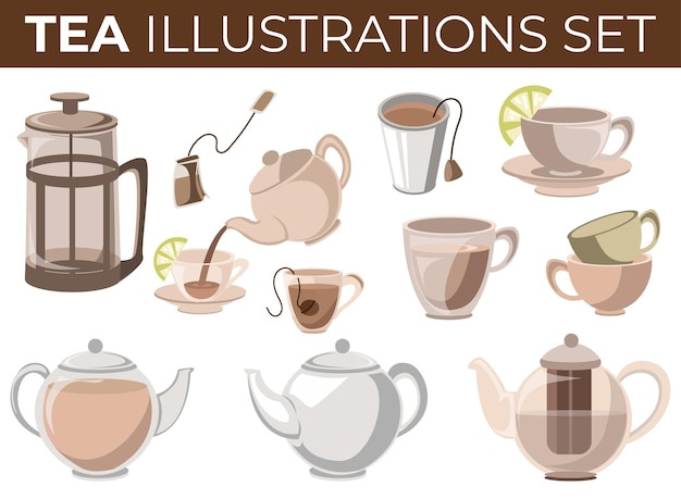 Vector conjunto de ilustraciones de té y equipo