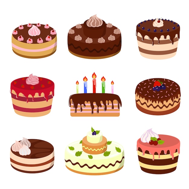 Conjunto de ilustraciones de tortas Tortas de cumpleaños o fiestas con velas y decoración.