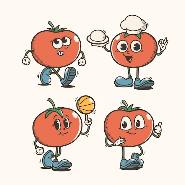 Vector conjunto de ilustraciones tradicionales de dibujos animados de tomate con diversas posturas y expresiones