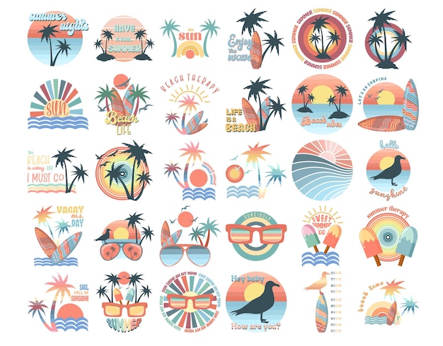 Vector conjunto de ilustraciones de vacaciones de verano vacaciones de verano retro