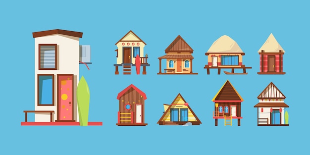 Conjunto de ilustraciones de vector plano de casas de playa de madera