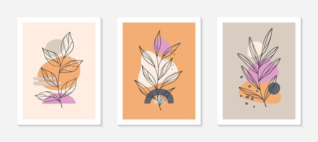 Conjunto de ilustraciones de vectores abstractos modernos con varias formas orgánicas y arte de línea de follaje