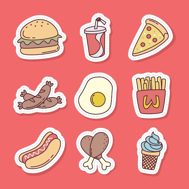 Conjunto de ilustraciones de vectores de etiqueta de comida rápida sobre fondo rojo