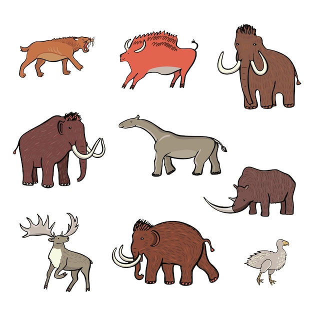 Conjunto de ilustraciones de vectores mamut de animales prehistóricos