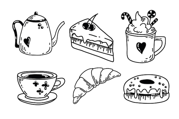 Conjunto de ilustraciones de vectores de pastelería para diseño de panadería boceto dibujado a mano de cups cakes tetera