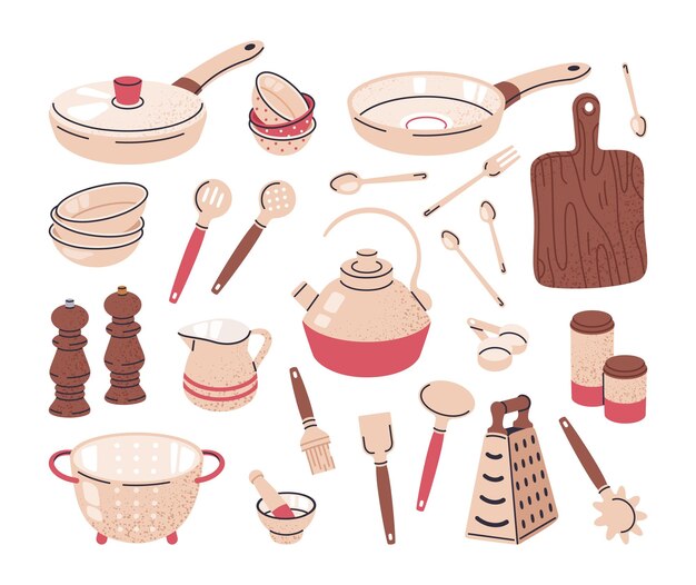El conjunto de ilustraciones de vectores planos de herramientas de cocina de dibujos animados en blanco