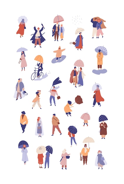 Conjunto de ilustraciones de vectores planos de personas con sombrillas. Temporada de otoño, clima lluvioso. Hombre y mujer con impermeables personajes de dibujos animados. Sociedad, población urbana aislada sobre fondo blanco.