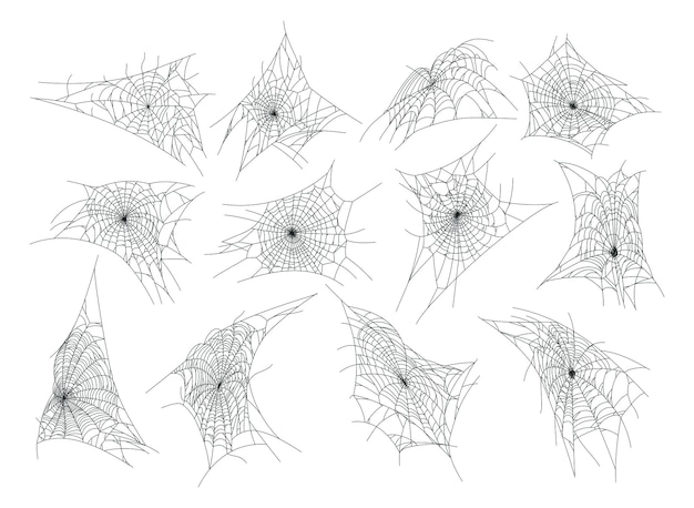 Conjunto de ilustraciones de vectores planos de la red de araña de horror para la fiesta de Halloween de octubre Colección de telas de araña colgantes