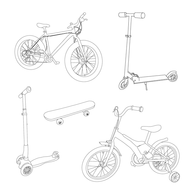 Un conjunto de ilustraciones de vectores de transporte de verano de scooter de patineta de bicicleta