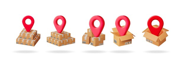 Conjunto de ilustraciones vectoriales 3D de cajas de entrega de cartón con alfileres de ubicación rojos