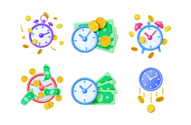 Conjunto de ilustraciones vectoriales 3D que representan el concepto de tiempo es dinero con iconos de dinero y reloj