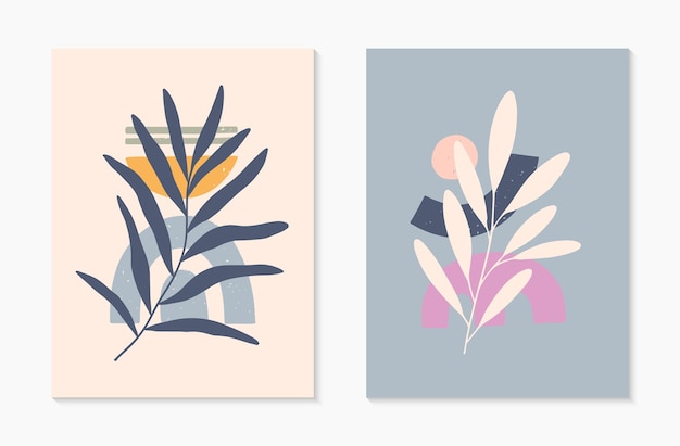 Conjunto de ilustraciones vectoriales abstractas modernas de mediados de siglo con formas orgánicas y hojas