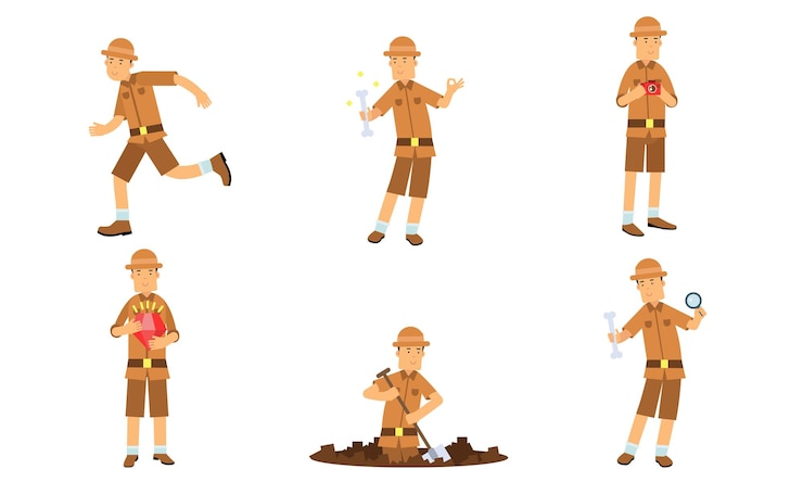 Vector conjunto de ilustraciones vectoriales de acciones de personajes de arqueólogos aislados en fondo blanco