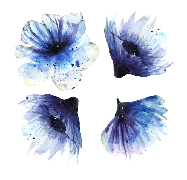 conjunto de ilustraciones vectoriales de acuarela de flores azules