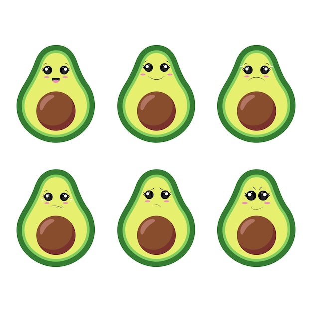 Un conjunto de ilustraciones vectoriales de aguacate con diferentes emociones.