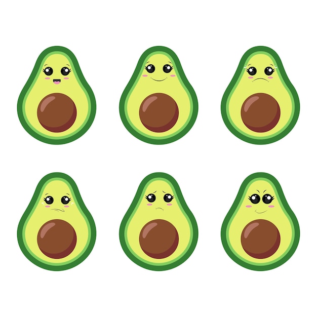 Un conjunto de ilustraciones vectoriales de aguacate con diferentes emociones.