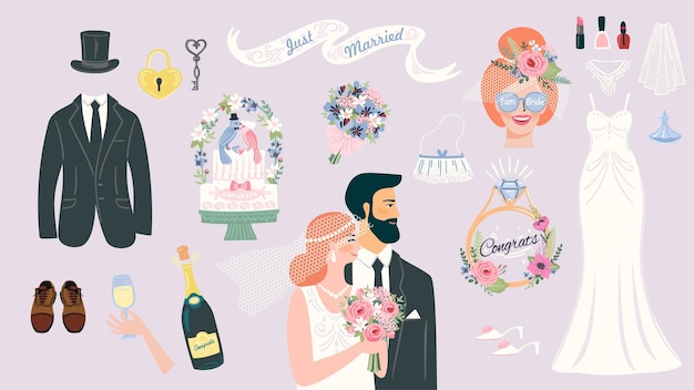 Conjunto de ilustraciones vectoriales aisladas para la celebración de bodas y otras