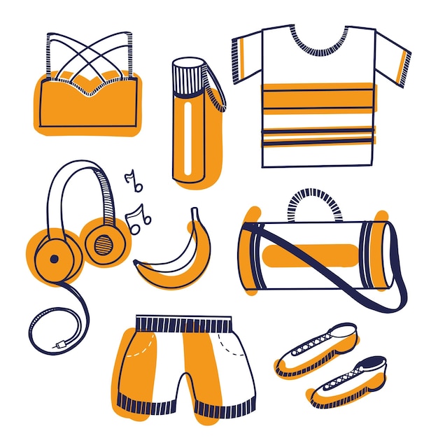 Conjunto de ilustraciones vectoriales aisladas en fondo blanco Botella de agua deportiva equipaje de plátano