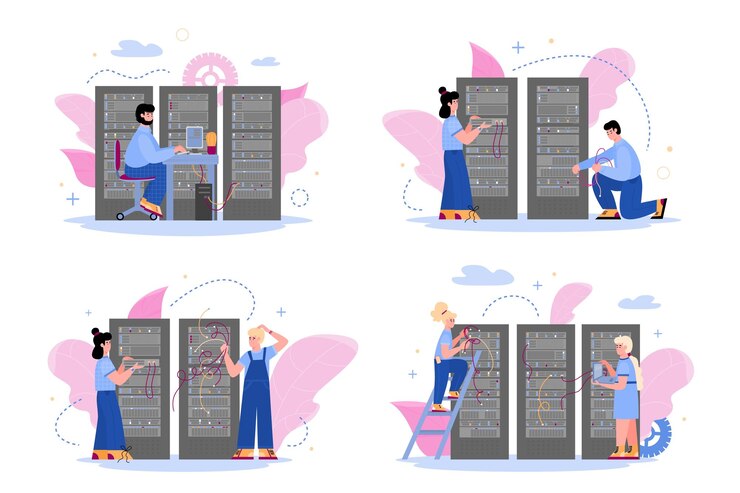Vector conjunto de ilustraciones vectoriales aisladas de ingenieros que trabajan en el centro de datos del servidor