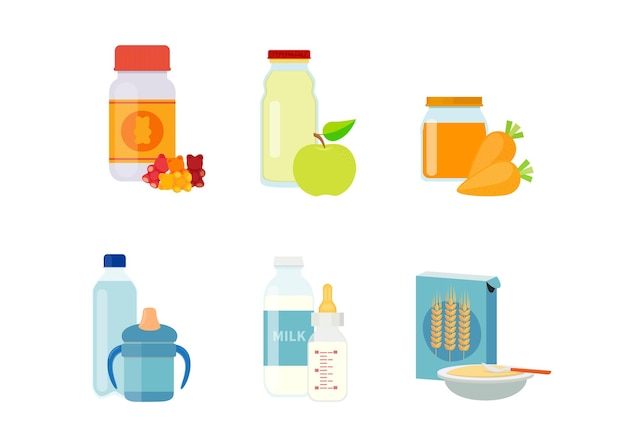 Conjunto de ilustraciones vectoriales de alimentos para bebés y vitaminas Ilustración de stock