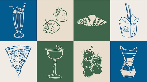 Conjunto de ilustraciones vectoriales de alimentos y bebidas de estilo boceto mínimo