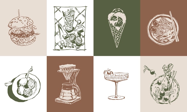 Conjunto de ilustraciones vectoriales de alimentos para la identidad de la marca diseño de logotipos pancartas diseño de carteles de felicitación