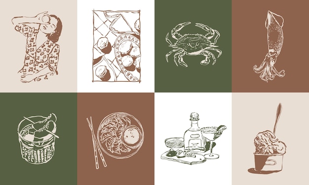 Conjunto de ilustraciones vectoriales de alimentos para la identidad de la marca diseño de logotipos pancartas diseño de carteles de felicitación