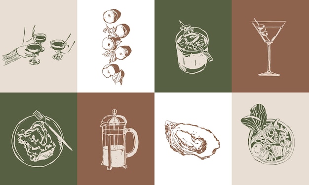 Conjunto de ilustraciones vectoriales de alimentos para la identidad de la marca diseño de logotipos pancartas diseño de carteles de felicitación