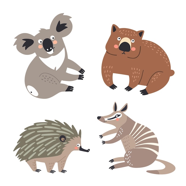 Conjunto de ilustraciones vectoriales de animales australianos en estilo plano echidna wombat koala y hormiguero