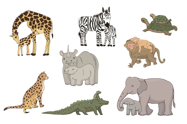 Vector conjunto de ilustraciones vectoriales de animales con bebés