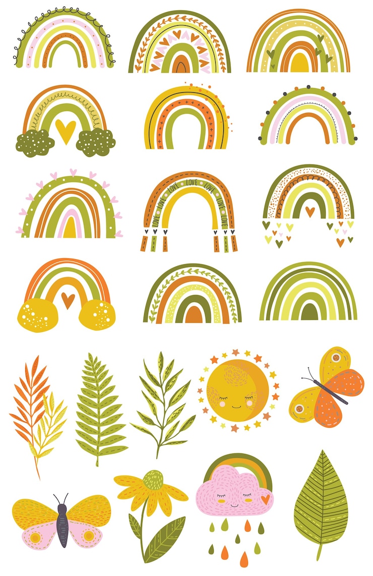 Vector conjunto de ilustraciones vectoriales arco iris lindo en un estilo simple tonos verde amarillo naranja hojas arco iris de mariposa